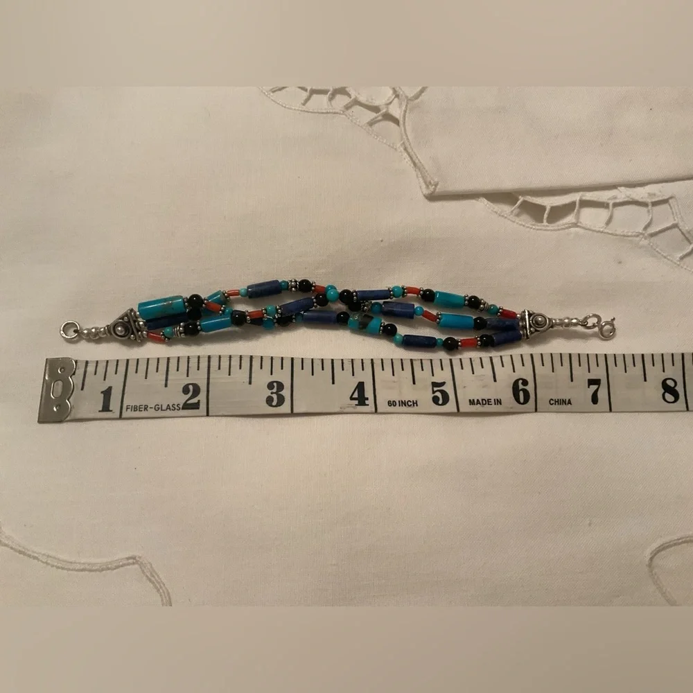 VINTAGE 925 STERLING NATIVE AMERICAN HANDMADE MULTI STONE BRACELET 7” - Picture 5 of 9